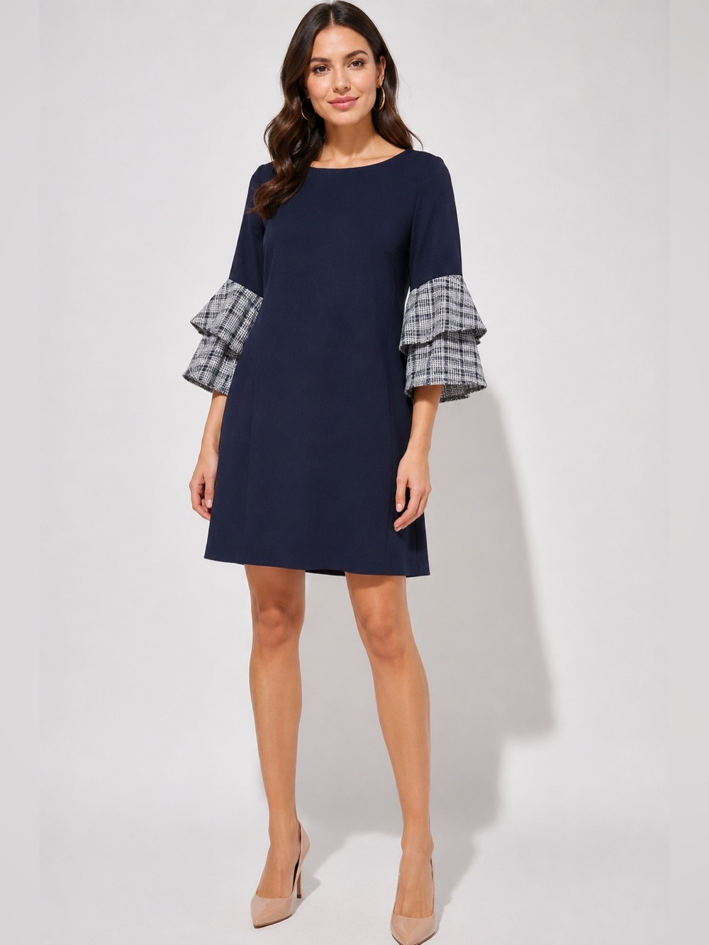 NWT Eliza J Navy Contrast Plaid Ruffle Bell Sleeve Shift Dress Cocktail Career